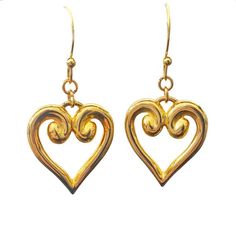 These pretty earrings were clip ons that have been converted to ear wires for pierced ears.  They are likely from the 1970s, but look like brand new!! Gold Heart-shaped Clip-on Earrings For Anniversary, Yellow Gold Earrings With Heart Charm, Vintage Heart Charm Drop Earrings, Gold Metal Earrings With Heart Charm, Elegant Gold Clip-on Heart Earrings, Gold Open Heart Earrings For Pierced Ears, Vintage Double Heart Earrings For Anniversary, Heart-shaped Clip-on Earrings As Gift, Gold Double Heart Nickel Free Earrings