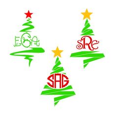 three christmas trees with the word monogrammed in red, green and yellow on them