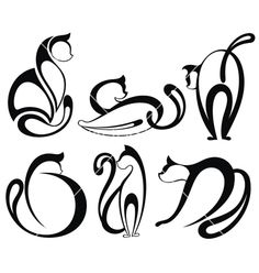 black and white silhouettes of cats in different positions, including one with its tail curled up