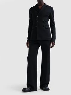 Front button and concealed zip closure. Belt loops. Two side pockets. Two back button pockets. Unlined Straight Hem Pants With Button Closure For Work, Tailored Business Bottoms With Button Closure, Elegant Pants With Button Closure And Straight Hem, Tailored Bottoms With Button Closure, Tailored Bottoms With Button Closure And Straight Hem, Classic Semi-formal Bottoms With Buttons, Tailored Formal Bottoms With Button Closure, Tailored Dress Pants With Button Closure For Work, Tailored Dress Pants With Buttons For Work