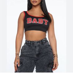 Fashion Nova Sporty Baby Crop Top - Black/Red Size Xs New With Tags Y2k Black Tank Top With Letter Print, Trendy Red Tank Top With Letter Print, Sporty Black Cotton Crop Top, Black Sporty Cotton Crop Top, Trendy Black Tank Top, Trendy Red Tank Top For Streetwear, Fitted Black Crop Top With Letter Print, Sporty Black Crop Top With Letter Print, Trendy Black Cotton Crop Top