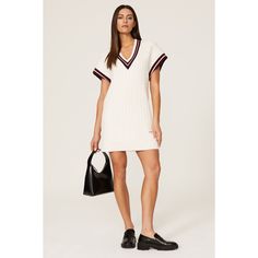 White knit (45% Nylon, 30% Cotton, 25% Wool). Shift. V-neck. Short sleeves. Pull-on. 33" from shoulder to hemline. Imported. White V-neck Sweater Dress For Fall, Ribbed V-neck Sweater Dress For Spring, Casual White V-neck Dress For Fall, Knit V-neck Mini Dress For Day Out, White Knit V-neck Mini Dress, Casual V-neck Sweater Dress For Spring, White V-neck Mini Dress For Fall, White V-neck Sweater Dress For Summer, Chic White V-neck Sweater Dress