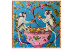 two monkeys eating fruit in a pink bowl on a blue background with flowers and butterflies