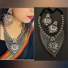 Add style and charisma to your beautiful personality with this exquisitely designed and handcrafted high quality silver look alike necklace set .Pair it up with any casual, semi formal or, formal attire and gather compliments for your unique and classy choice. Ideal wear for both casual and dressy occasions Necklace length 24 inches with an adjustable black dori at the back Weight 180 GM's Each earring weighs 20 GM's ( earrings are light weight and comfortable to wear) Length 3.5 inches Note: Al Bohemian Silver Jewelry Sets With Stone Work, Silver Temple Jewelry For Party, Handmade Silver Kundan Necklace, Handmade Elegant Silver Kundan Necklace, Traditional Oxidized Finish Necklace For Party, Silver Dual-tone Kundan Jewelry Sets, Dual-tone Silver Kundan Bridal Necklace, Elegant Handmade Silver Kundan Necklace, Party Chandbali Temple Necklace Hand Set