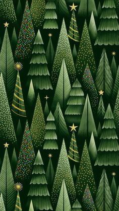 green christmas trees with gold stars and sparkles in the sky on a black background