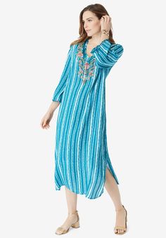 Embellished Crinkle Kaftan | Roaman's V-neck Viscose Kaftan For The Beach, Beach Viscose Dress, Summer Beach Rayon Tunic, Spring Viscose Tunic Kaftan, Beach Relaxed Fit Viscose Dresses, Casual Rayon Kaftan For Vacation, Relaxed Fit Viscose Beach Dress, Spring Beachy Loungewear Dresses, Long Sleeve Patterned Boho Dress For Beach