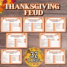 printable thanksgiving feeding cards for the 32 card baseball game, with pumpkins and leaves