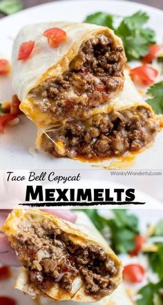 taco bellitos with meat, cheese and tomatoes on them are served on a white plate