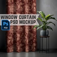 a window curtain mockup with a plant next to it and the text, window curtain psd mockup