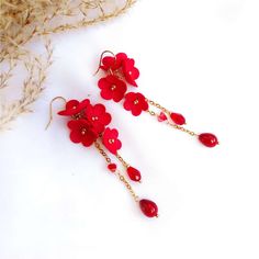 Red flower Handmade Earrings Red Daisy DK850, Handmade earrings decorated also with crystals and beads. Perfect gift for Mom, perfect accessories for a bridesmaid. ★  ITEM DETAILS: * Handmade earrings made in Poland, * Length: 7 cm, 3 cm witdth * Earrings closure: fish hooks, silver 925 gold plated  * Colors: red, gold * Materials: tiny glass beads, gold plated chain, textile flowers * If you want to customize please contact with me * Earrings are long but they are extremely lightweight! * READY Red Rose Earrings, Red Petal, Textile Flowers, Red Flower Earrings, Petal Earrings, Red Daisy, Red Petals, Toho Beads, Handmade Flower