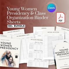 LDS Young Women Presidency and Class Presidencies Organization Sheets for Binders/Folders. Comes with both PDF file (for easy, quick printing) and Canva Template for those wanting to customize. Includes: ✔️5 different Cover Designs for Each President, 1st Counselor, 2nd Counselor, and Secretary in both the Presidency and Class Presidencies ✔️YW Theme ✔️Young Women Presidency Info + Callings ✔️Class Presidencies + Callings ✔️YW Roster ✔️Upcoming Activities Tracker Sheet ✔️Upcoming Lessons Tracker Sheet ✔️Birthdays by Month ✔️Daily, Weekly, and Yearly Calendars ✔️Meeting Note Templates ✔️Event Planning Templates ✔️To-Do Lists + Responsibilities ✔️Brainstorming Templates Organization Sheets, Binder System, Yw Theme, Meeting Notes Template, Lds Yw, Event Planning Template, Lds Young Women, Meeting Notes, Binder Folder