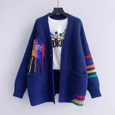 Fongt Women Sweater Cardigans Buttons Tassle Long Knitted Jackets Sweater Vintage Long Sleeve Female Outerwear Chic Tops Fall V-neck Patchwork Outerwear, Winter Long Sleeve Patchwork Cardigan, Winter Patchwork Long Sleeve Cardigan, Winter Acrylic Outerwear With Patchwork, Blue Patchwork Sweater For Winter, Winter Long Sleeve Patchwork Sweater Coat, Winter Patchwork Long Sleeve Sweater Coat, Casual Patchwork Cardigan For Fall, Oversized Patchwork Cardigan For Winter