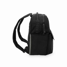 a black backpack with two zippers on the front and back straps, sitting against a white background