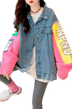 90s Retro Style Women Jacket Denim Knitted Pink Sleeves 80s Denim Jacket Outfit, 90s Harajuku Fashion, Magic Carnival, Aesthetic Jackets, Denim Jacket Outfit Women, 80s Denim Jacket, Retro Style Women, 90s Harajuku, Yellow Magic