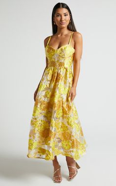 Brailey Midi Dress - Aline Corset Detail Dress in Yellow | Showpo USA Dress Wedding Guest Summer, Floral Dress Wedding, Floral Dress Wedding Guest, Beautiful Corset, Formal Wedding Attire, Wedding Guest Summer, Yellow Floral Dress, Dress Wedding Guest, Different Dresses