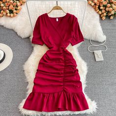 Cute v neck short dress fashion dressFabric: blendedColor: red, pink, green, khaki, black, yellow, blue, green, orangeSize(cm): free size(1inch=2.54cm)length 96cm bust 98cm waist 76cmPlease check the size carefully when you choose items.For more pictures of the dress, please contact us, thank you. Spring Party Short Sleeve V-neck Dress, Feminine V-neck Dress With Ruffles And Short Sleeves, Elegant Short Sleeve V-neck Dress For Date Night, Feminine Solid V-neck Mini Dress, Elegant Solid Color Dress With Surplice Neckline, Elegant Dress With Solid Color And Surplice Neckline, Elegant Surplice Neckline Dress In Solid Color, Elegant Dress With Surplice Neckline In Solid Color, Elegant Midi Dress With Ruched Detail And V-neck