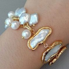 Premium Quality 8'' Freshwater White Biwa Keshi Pearl Potato Pearl Chain Bracelet, Jewelry Beachy Jewelry, Diy Jewelry Display, Biwa Pearls, Freshwater Pearl Jewelry, Kesha, Keshi Pearls, Pearl Chain, Gold Plated Chains, Baroque Pearls