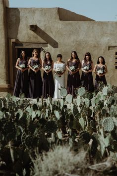 a group of women standing next to each other in front of a building with cacti