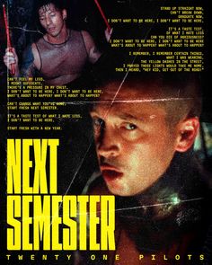 the movie poster for next semester is shown in black and yellow with an image of a man holding a knife