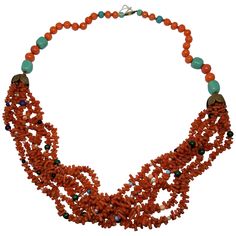 Southwest Necklace. One strand natural highly polished red Coral beads enhanced with Turquoise beads connecting to a brass cap with six strands coral sticks with scattered semi-precious beads. This necklace is a pleasing 25 inch length with a 14k yellow gold pearl clasp. Coral Beads Necklace, Pearl And Diamond Ring, Dangle Hoop Earrings, Turquoise Bead Necklaces, Cultured Pearl Necklace, Crystal Hoop Earrings, Natural Coral, Native American Beading, Semi Precious Beads