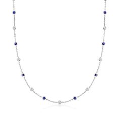 Ross-Simons - 2.50ct t. w. Cubic Zirconia, 2.30ct t. w. Simulated Sapphire Station Necklace. 18". Adorn your neckline with the serene color palette of white and blue. Dazzling 2.50 ct. t. w. round brilliant-cut CZs are complemented by cool 2.30 ct. t. w. round simulated sapphires. The bezel-set gems stream along a dainty cable chain. Crafted in polished sterling silver. Springring clasp, simulated sapphire and CZ station necklace. Carat weights are diamond equivalents. Sapphire birthstones are t Byzantine Necklace, Emerald Earrings Drop, Sapphire Birthstone, Indicolite Tourmaline, Turquoise Drop Earrings, Sky Blue Topaz, Cz Stud Earrings, Station Necklace, Sapphire Necklace