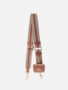 a brown and white striped lanyard with a gold metal clip on the end,