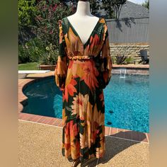 Lightly Worn . Beautiful Floral Print. Perfect For Fall. Lined. Elastic At Sleeve Opening. Belt Not Included Frills Dress, Frill Dress, Farm Rio, Green Orange, Green And Orange, No Frills, Colorful Dresses, Floral Print, Floral Prints