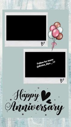 happy anniversary card with balloons and hearts on the front, in black and white colors