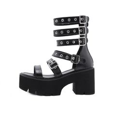 Add a touch of edgy sophistication to your look with our Black Gothic Punk Strappy Platform Sandals. Featuring a chunky platform sole for added height, adjustable buckle closures for a secure fit, and a back zipper closure for easy wear, these sandals combine style and functionality. Made from high-quality black vegan leather, they are perfect for complementing any gothic, punk, rock, or alternative outfit. Step out in style and make a statement with these unique and versatile sandals. Chunky pl Kawaii Socks, Sandals Chunky, Strappy Platform Sandals, Kawaii Jewelry, Stationery Accessories, Gothic Punk, Black Vegan, Black Phone Case, Chunky Platform