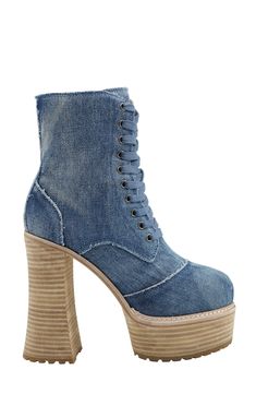 A dramatic platform puts an eye-catching retro spin on this outfit-defining lace-up bootie. 5 1/4" heel; 1 3/4" platform 6" shaft Textile upper and lining/leather sole Imported Trendy Denim Blue Round Toe Boots, Casual Fitted Platform Boots With Reinforced Heel, Spring High Heel Lace-up Boots With Chunky Platform, Denim High Heel Boots For Spring, Casual High Heel Denim Boots, Fitted High-top Platform Boots, Casual Denim High Heel Boots, Trendy Denim Ankle-high Boots, Trendy Ankle-high Denim Boots