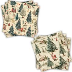 two napkins with christmas trees and santa clause on them, one has a red house