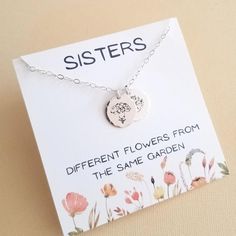 Sisters Necklace, Birth Flower Necklace, Gift for Sisters, Sterling Silver Charm Necklace, Personalized Sister Gift, Gift for Sister In Law Mother's Day Sterling Silver Necklace With Flower Charm, Sterling Silver Charm Necklace With Flower For Mother's Day, Engraved Flower Pendant Necklace For Mom, Engraved Flower Pendant Charm Necklace For Mom, Personalized Flower Charm Necklace For Birthday, Personalized Flower Charm Necklace For Birthday Gift, Hand Stamped Round Pendant Charm Necklace For Mom, Personalized Nature-inspired Necklaces For Mother's Day, Personalized Nature-inspired Necklace For Mother's Day