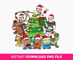 the christmas tree is surrounded by cartoon characters and an image of santa clause on top