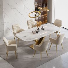 a marble dining table surrounded by white chairs