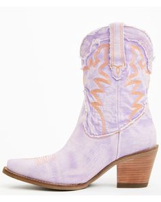 Fabric upper. 9" shaft height. Pull-on style with pull tabs. Western heel. Snip toe. Purple denim fabrication with orange western stitching. Purple Gameday Outfit, Clemson Gameday, Purple Cowboy Boots, Humble Hustle, Purple Denim, Womens Cowgirl Boots, Purple Boots, Western Ankle Boots, Gameday Outfit