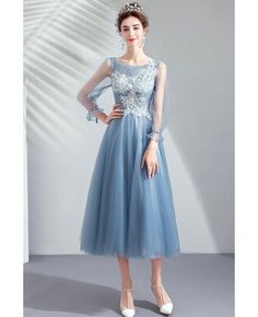 Buy Pretty Dusty Blue Tea Length Party Dress With Long Sleeves Lace at wholesale price online. Free shipping and pro custom service since 2009. Chinese Style Prom Dress, Dapper Dress, Dress Banquet, 90s Fashion Outfits Hip Hop Party, Cheap Cocktail Dresses, Fog Blue, Chinese Style Dress, Blue Tea, Womens Wedding Dresses