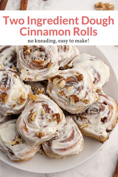 two ingredient doughnut cinnamon rolls on a plate with text overlay that reads, two ingredient doughnut cinnamon rolls no kneading easy to make