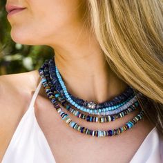 "All the colors of the ocean are combined in this long beaded necklace. Turquoise, lapis, larimar, blue agate and more! Wear this necklace single or double. Beautiful by itself or layer it with your other favorite pieces to create your own color story. Necklace: 37\" plus extender Layer this necklace with: https://www.etsy.com/listing/548308190/turquoise-and-diamonds-pendant-turquoise?ref=shop_home_active_159&frs=1&crt=1 or: https://www.etsy.com/listing/818339679/turquoise-necklace-handk Artisan Blue Jewelry For The Beach, Artisan Blue Jewelry For Beach, Blue Bohemian Round Beaded Jewelry, Multicolor Heishi Beads Jewelry With Natural Stones, Artisan Beaded Necklace With Gemstone Beads For Beach, Hand-strung Blue Multi-strand Necklace, Blue Gemstone Beads Jewelry For Beach, Hand-strung Blue Necklaces For The Beach, Bohemian Blue Beaded Necklaces With Natural Stones