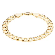 "Sleek and stylish, this 14k gold plated curb chain bracelet perfectly complements your handsome look. Length: 8.75 in. Width: 9.5 mm Clasp: lobster-claw Metal: brass Finish: polished Plating: 14k gold Packaging: boxed Gift Givers: This item ships in its original packaging. If intended as a gift, the packaging may reveal the contents. Size: 8.5"". Color: Yellow. Gender: male. Age Group: adult." Elegant Metal Cuban Link Bracelet With Curb Chain, Gold Cuban Link Bracelet With Adjustable Chain, Yellow Gold Cuban Link Bracelet With Adjustable Chain, Adjustable Cuban Link Bracelet In Yellow Gold, Classic Gold Plated Cuban Link Bracelet, Classic Metal Cuban Link Bracelet With Curb Chain, Modern 14k Gold Curb Chain Bracelet, Classic Cuban Link Gold Bracelet, Classic Cuban Link Bracelet With Gold Chain