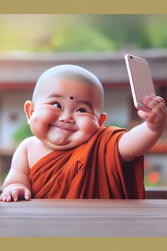 an image of a baby that is smiling and holding up a cell phone in his hand