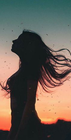 a woman standing in front of a sunset with her hair blowing in the wind and birds flying overhead