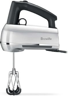 a white and black electric hand mixer on a metal stand with the words breville written on it