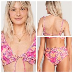 Nwt Old Navy Bikini Cute Peach Floral Top Is A M - Front Tie With Ruffled Straps Bottom Is A S - Banded High-Rise Bikini Bottom I Ship Same/Next Day! Feminine Ruffled Swimwear For Vacation, Pink Ruffled Swimwear For Summer, Pink Ruffled Swimwear For Vacation, Pink Ruffled Swimwear For Beachwear, Pink Ruffled Swimwear For Beach, Pink Ruffled Beachwear Swimwear, Pink Feminine Swimwear With Ruffles, Pink Ruffled Tropical Swimwear, Pink Tropical Ruffled Swimwear