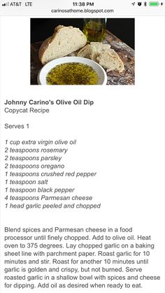 the recipe for johnny carno's olive oil dip is shown on an iphone