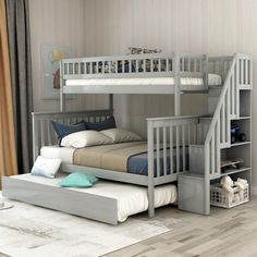 a bunk bed with stairs is shown in this room, and it's storage underneath the bed