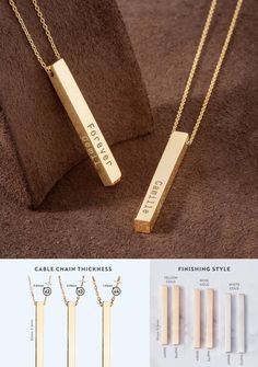 "14K 18K Real Gold Personalized Vertical 3 cm Bar Necklace, Four Sided Name Necklace, 4 Side Gold 3D Bar Necklace, Engrave Name Date Bar Necklace Longitude, coordinates, names, your special date, or any word special for you are engraved. Material: Solid Gold, real gold (not gold-filled or no gold plated) Available Gold Karat: 14K (585), 18K (750) Available gold color: Yellow, rose, and white Available finishing: Shiny and matte Bar length: 3 cm (1.18 inches) Sd Bar width: 3.0mm x 3.0mm The sizes Engrave Necklace, Date Bar, Gold Bar Necklace Personalized, Custom Engraved Necklace, Date Bars, Horizontal Bar Necklace, Solid Gold Charms, Vertical Bar Necklace, Bar Necklace Personalized