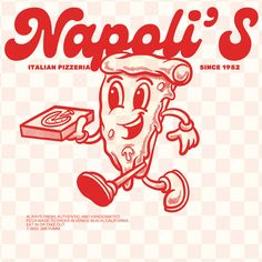 a cartoon pizza character running with a piece of pizza in his hand and the word napoli's written on it