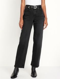 High-Waisted OG Loose Jeans | Old Navy Straight Bottoms With Belt Loops For Fall, Fall Straight Bottoms With Button Closure, High Rise Straight Fit Bottoms With Five Pockets, Straight Bottoms With Zip Fly For Fall, High Waist Straight Fit Bottoms With Belt Loops, Relaxed Fit Straight Bottoms With Button Closure, High Rise Straight Fit Pants With Belt Loops, Relaxed Fit Mid-rise Bottoms With Zip Fly, Mid-rise Relaxed Fit Bottoms With Zip Fly