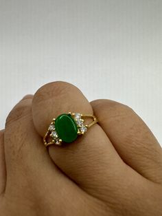 Vintage Gold Jade Ring Small Emerald Green Fun Jade Lucky Gemstone Clear Crystal Diamond Bronze Setting Wedding Cocktail Statement Ring - Etsy Fine Jewelry Emerald Green Oval Cabochon Ring, Green Oval Cabochon Emerald Ring, Classic Green Emerald Ring With Gemstone Accents, Oval Emerald Ring With Diamond Gemstone Accents, Formal Oval Emerald Ring With Gemstone Accents, Green Oval Stone Setting Rings, Green Oval Rings With Stone Setting, Oval Green Rings With Stone Setting, Classic Green Crystal Diamond Ring