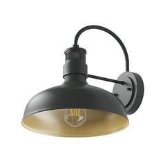 an industrial style wall light with a black shade on the top and yellow bulb at the bottom